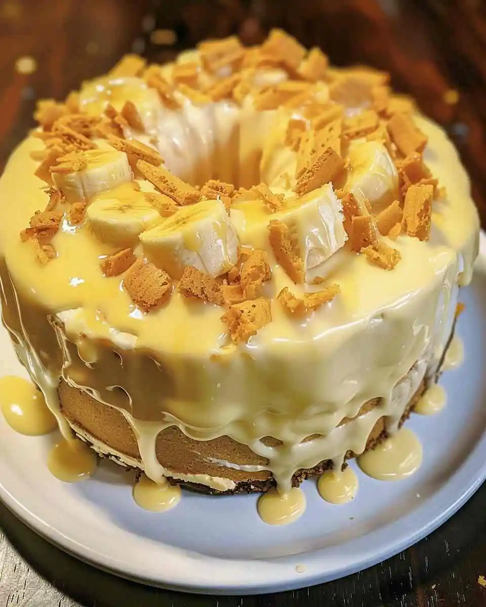 Banana Pudding Pound Cake 3 Banana Pudding Pound Cake topped with creamy banana pudding, fresh banana slices, and crushed vanilla wafers on a white serving plate.
