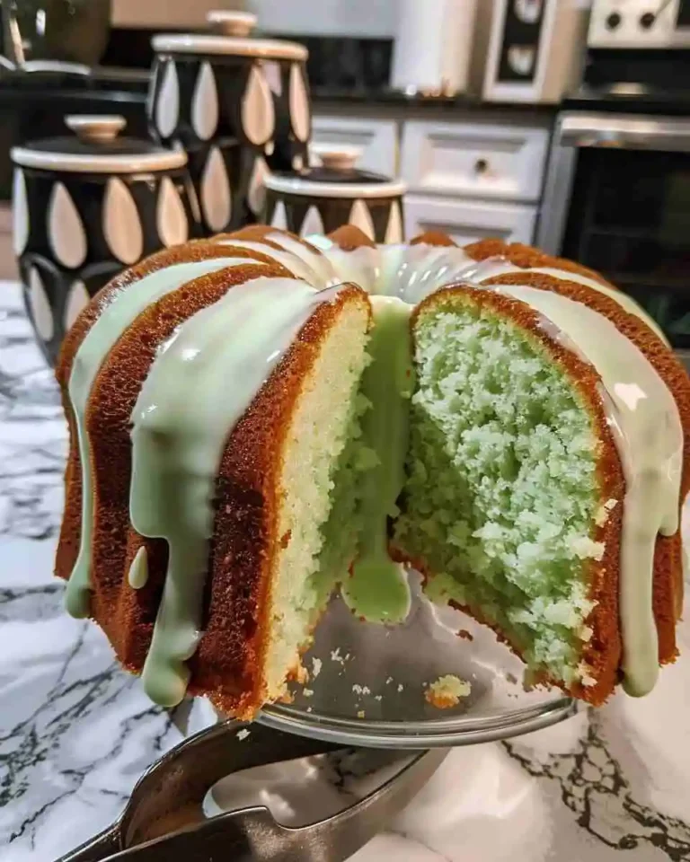 Homemade Key Lime Cream Cheese Pound Cake topped with key lime glaze on a white cake stand