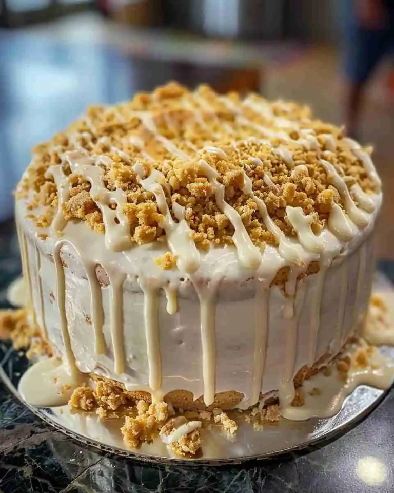 Homemade lemon crunch pound cake topped with cream cheese frosting and crunchy vanilla wafer topping on a white serving plate.