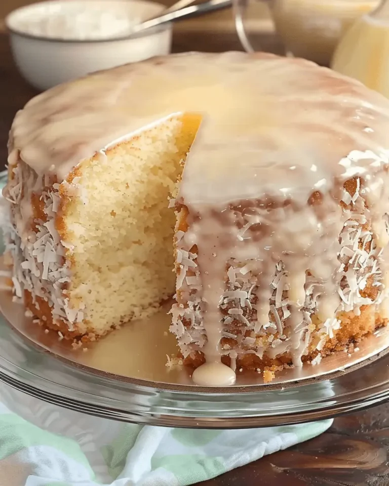Pina Colada Pound Cake topped with pineapple glaze and toasted coconut on a white cake stand.
