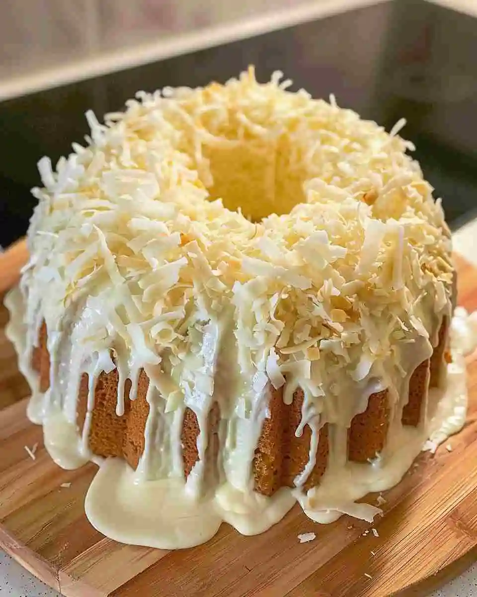 Pineapple Coconut Pound Cake 3 A moist pineapple coconut pound cake topped with coconut glaze and toasted coconut flakes on a white cake stand.