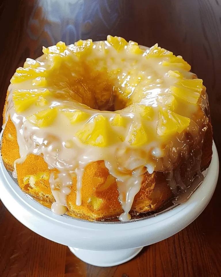 Moist pineapple cream cheese pound cake with glaze, served on a white plate