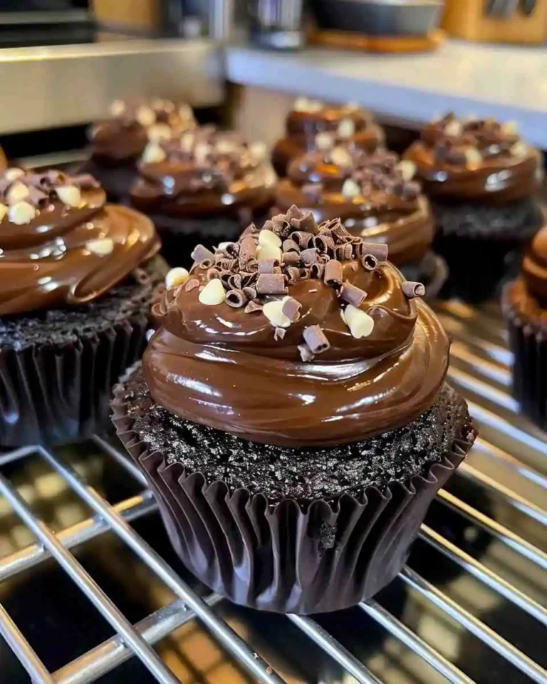 Home 18 Rich and moist chocolate fudge cupcakes topped with creamy cocoa frosting on a rustic wooden table