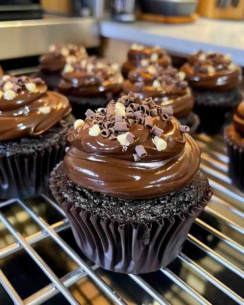 Rich and moist chocolate fudge cupcakes topped with creamy cocoa frosting on a rustic wooden table