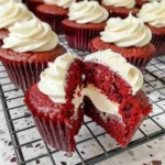 Stuffed Red Velvet Cupcakes with Cheesecake Filling | Easy Dessert Recipe 6 Close-up of stuffed red velvet cupcakes with cream cheese frosting and cheesecake filling