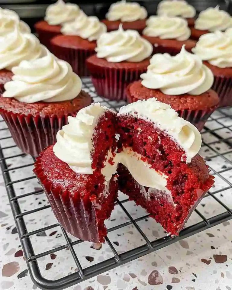 Close-up of stuffed red velvet cupcakes with cream cheese frosting and cheesecake filling