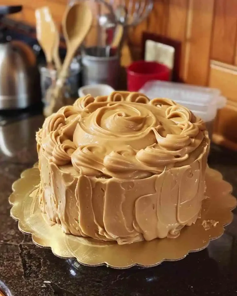 Baptist Pound Cake with Caramel Icing on a white cake stand with caramel drizzle and sliced for serving