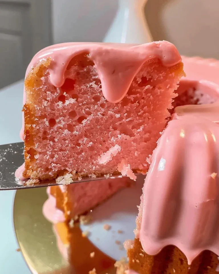 A moist strawberry buttermilk pound cake topped with pink strawberry glaze and fresh strawberries on a rustic plate.