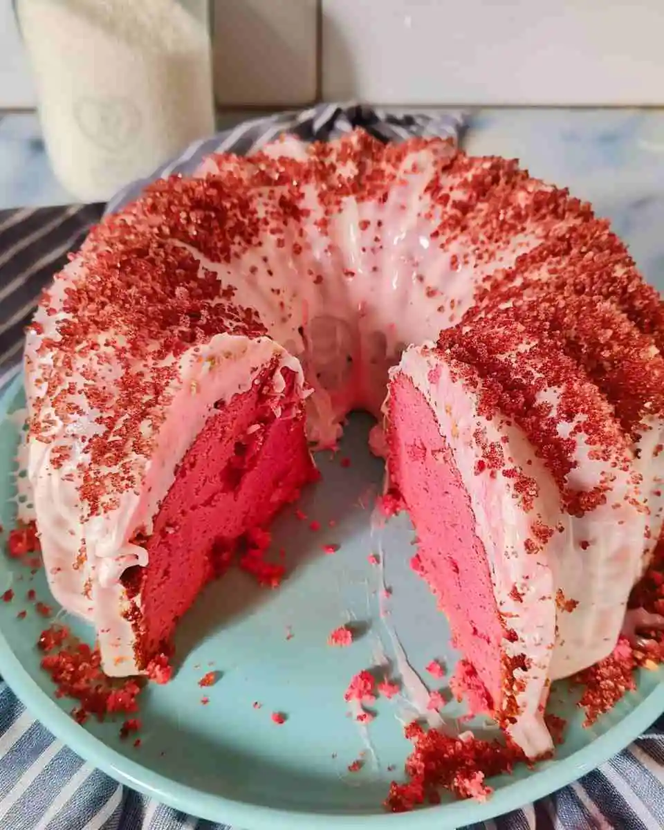 Strawberry Crunch Pound Cake 3 Freshly baked strawberry crunch pound cake topped with pink glaze and golden strawberry crumble, sliced and served on a white plate.
