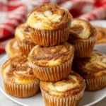 Serving Pumpkin Cream Cheese Swirl Muffins with cream cheese swirl visible