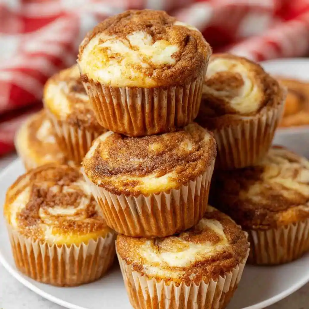 Serving Pumpkin Cream Cheese Swirl Muffins with cream cheese swirl visible