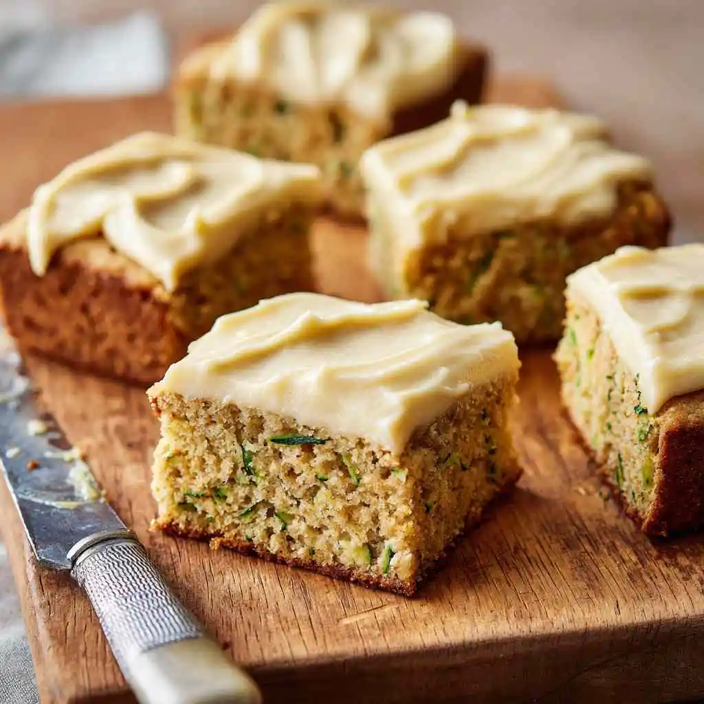 Zucchini Bars Recipe: Moist and Delicious Bars Everyone Will Love 6 Served slice of zucchini bars with cream cheese frosting